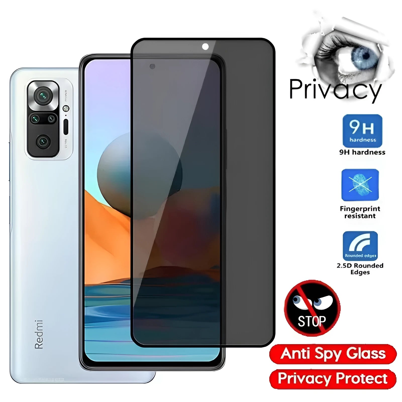 Anti-spy screen protector for Xiaomi Poco and Redmi Note smartphones with privacy protection
