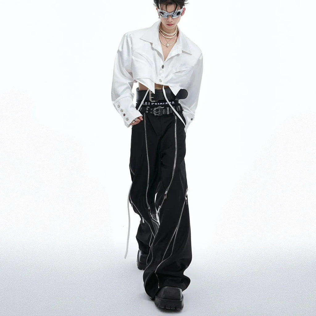 Men's polyester cotton straight leg casual trousers in black and white