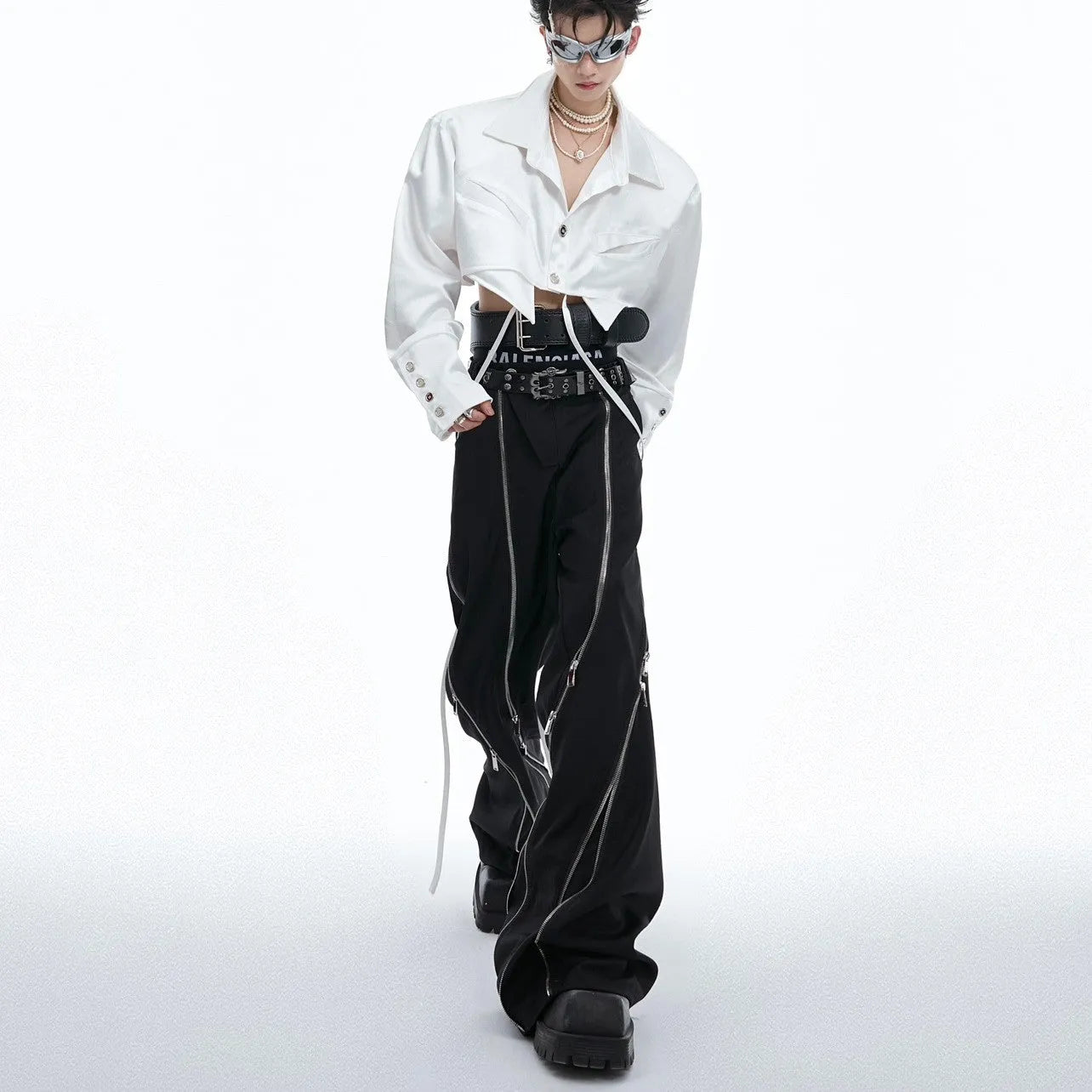 Men's polyester cotton straight leg casual trousers in black and white