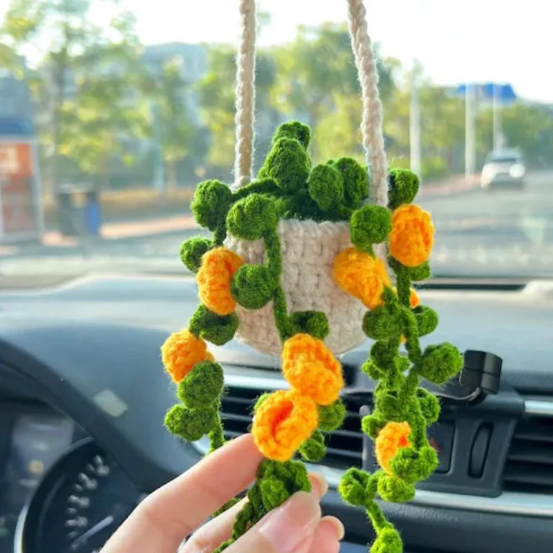 Green and white knitted wool car plant decoration hanging from a rope.