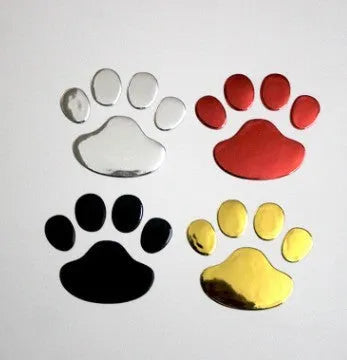 Pair of 7cm long PVC car stickers with a hand-shaped brush and dog footprints design in black, red, silver, and gold colour options.