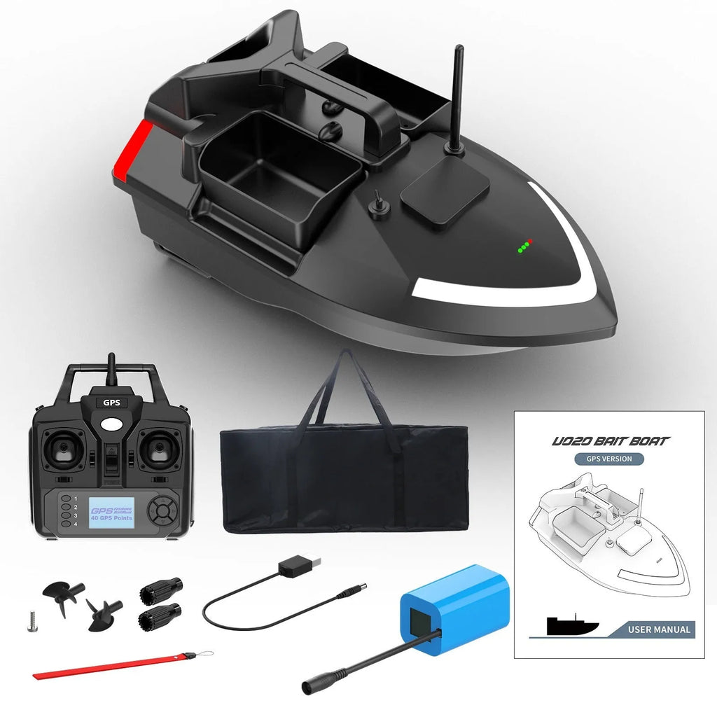 Black and luminous yellow remote control fishing boat with GPS antenna and LED light on bow.