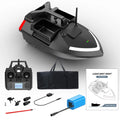 Black and luminous yellow remote control fishing boat with GPS antenna and LED light on bow.
