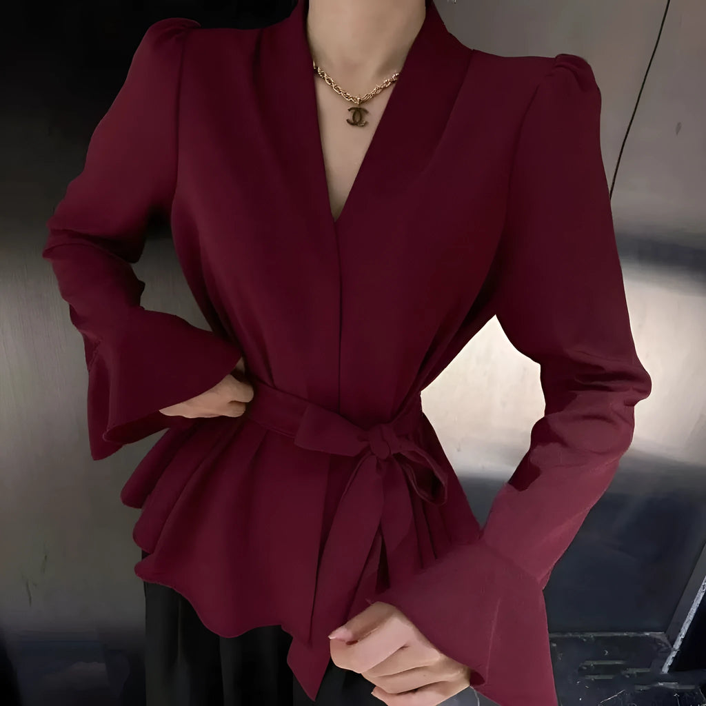 Women's French-style long sleeve shirt with irregular collar and bell sleeves in wine red.