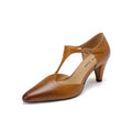 Brown retro women's T-strap sandals with a buckle and chunky heel on a white background.