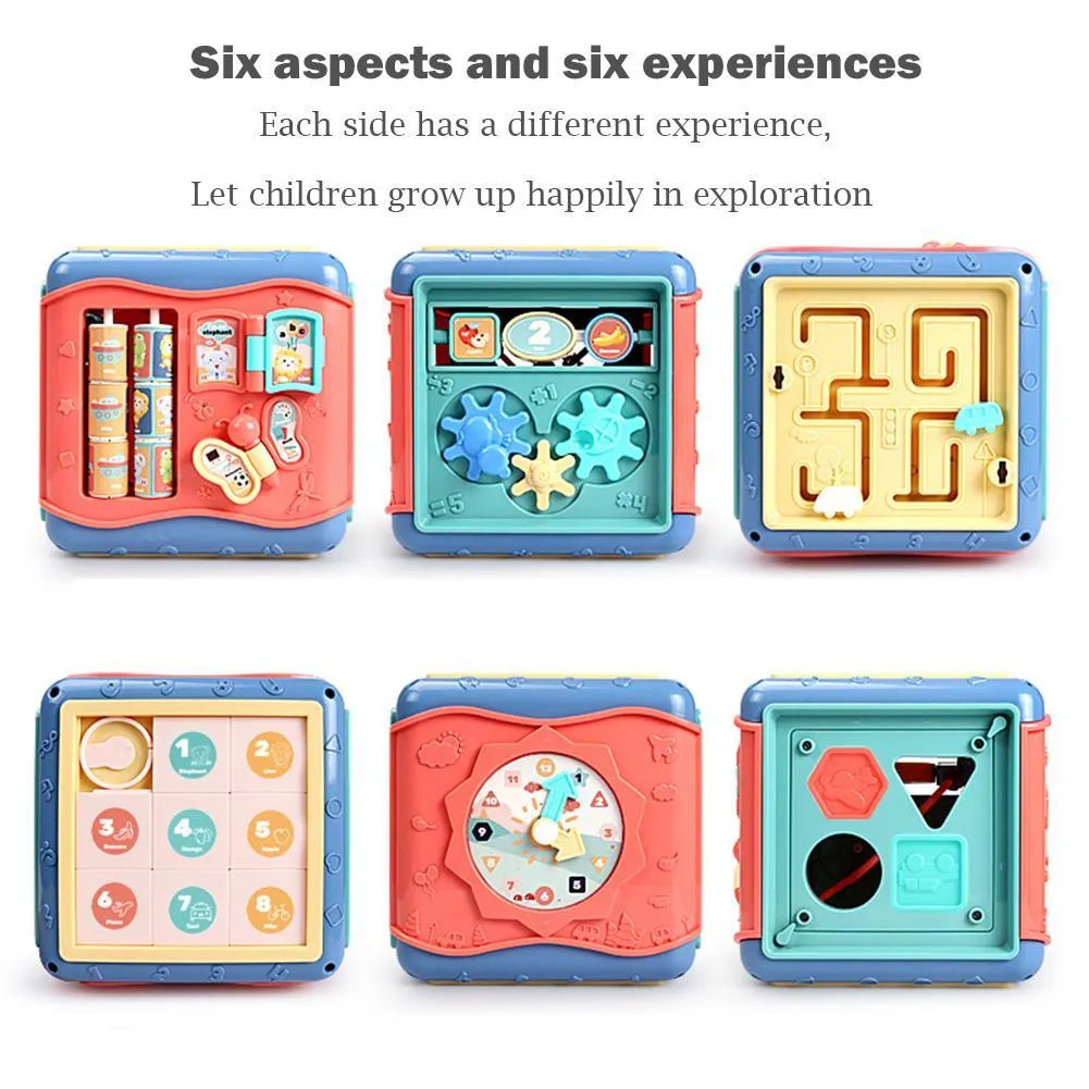 Multicoloured baby hexahedron educational toy cube showing bead maze, gear, and car maze activity faces