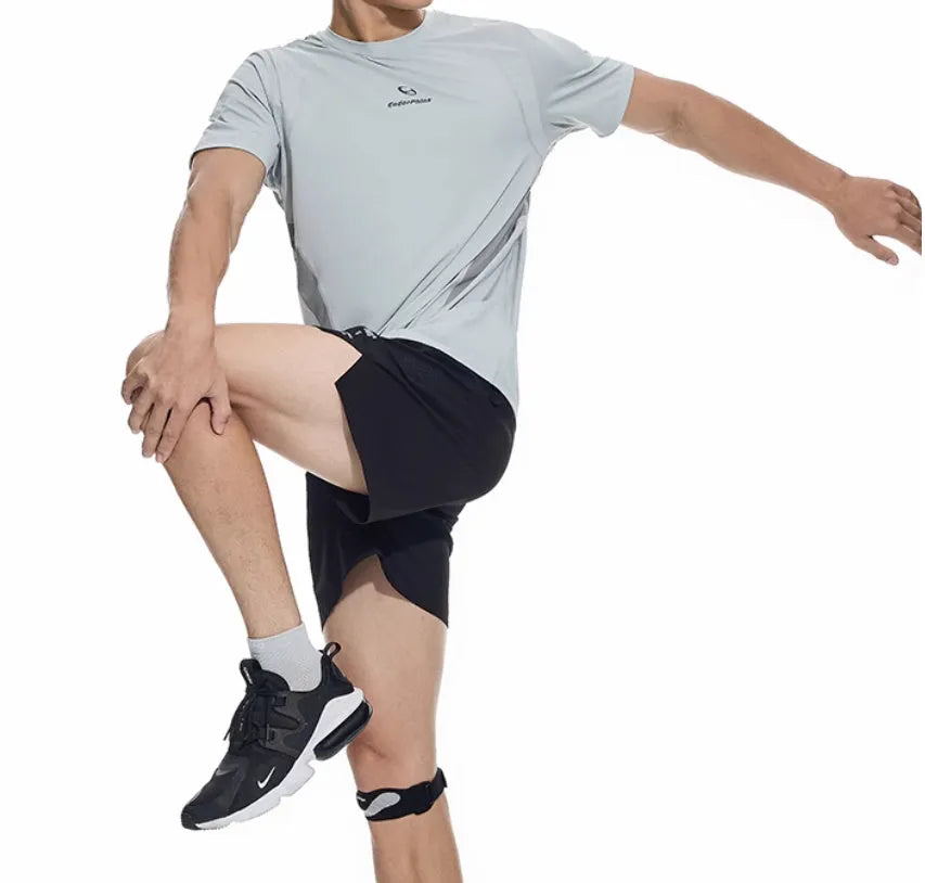 Black and blue four-point stretch running shorts with laser-stitched seams laid flat.