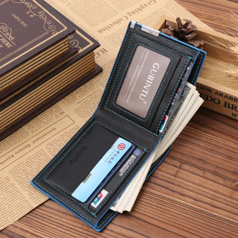 Man wallet PU leather black with blue edge bifold 3 card slots 12cm long 10cm wide
