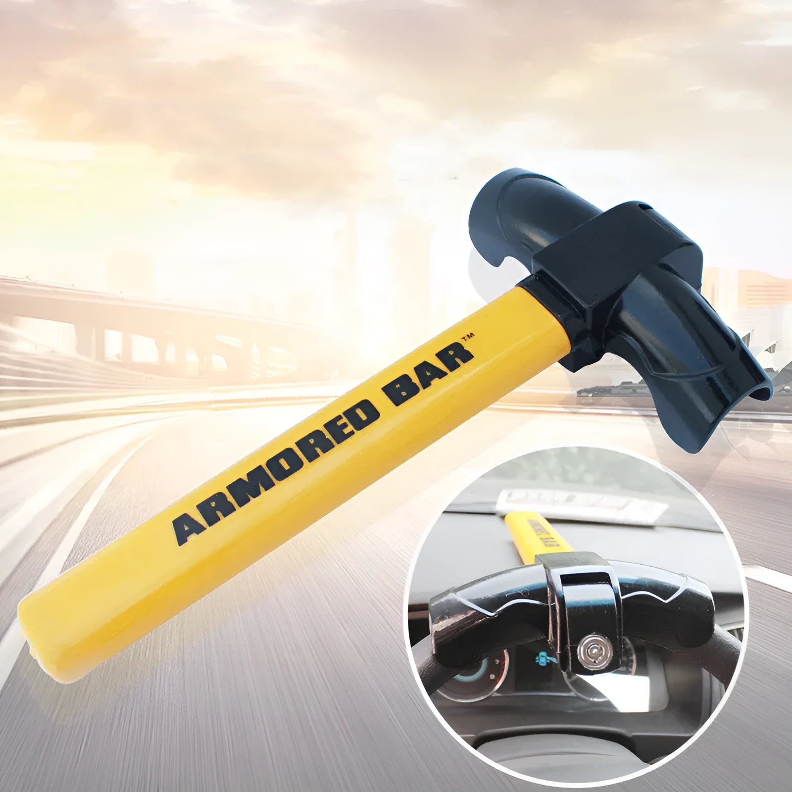 T-shaped car steering wheel lock in yellow, 38cm length, with fork and rim hook for anti-theft security