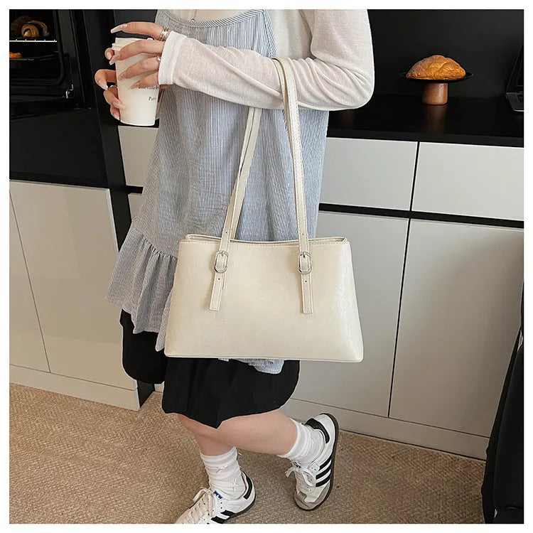 Fashion retro underarm shoulder bag in brown PU with sewing line detail, horizontal square shape