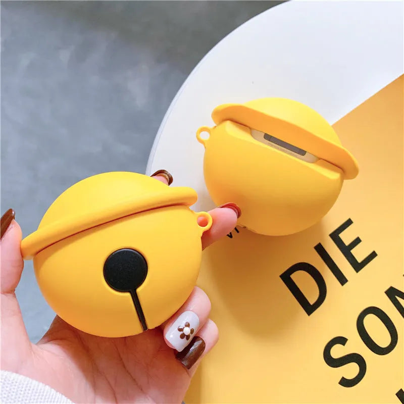 Yellow silicone protective case with a bell charm for 1st and 2nd generation AirPods.