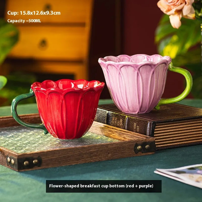Ceramic breakfast cup with pastoral floral pattern design, 500ml capacity