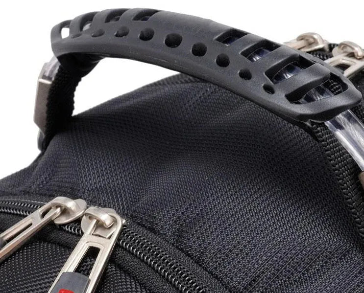 Black business computer backpack open to show three compartments and laptop sleeve.