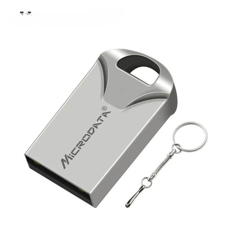 Silver car-shaped metal USB flash drive on a keychain with compact 10mm dimensions.