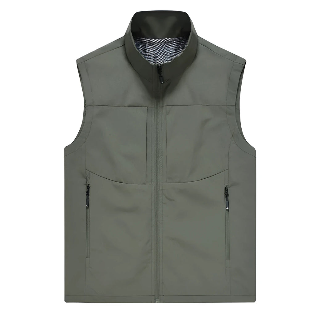Man wearing a khaki stand collar cardigan vest with zipper pockets.