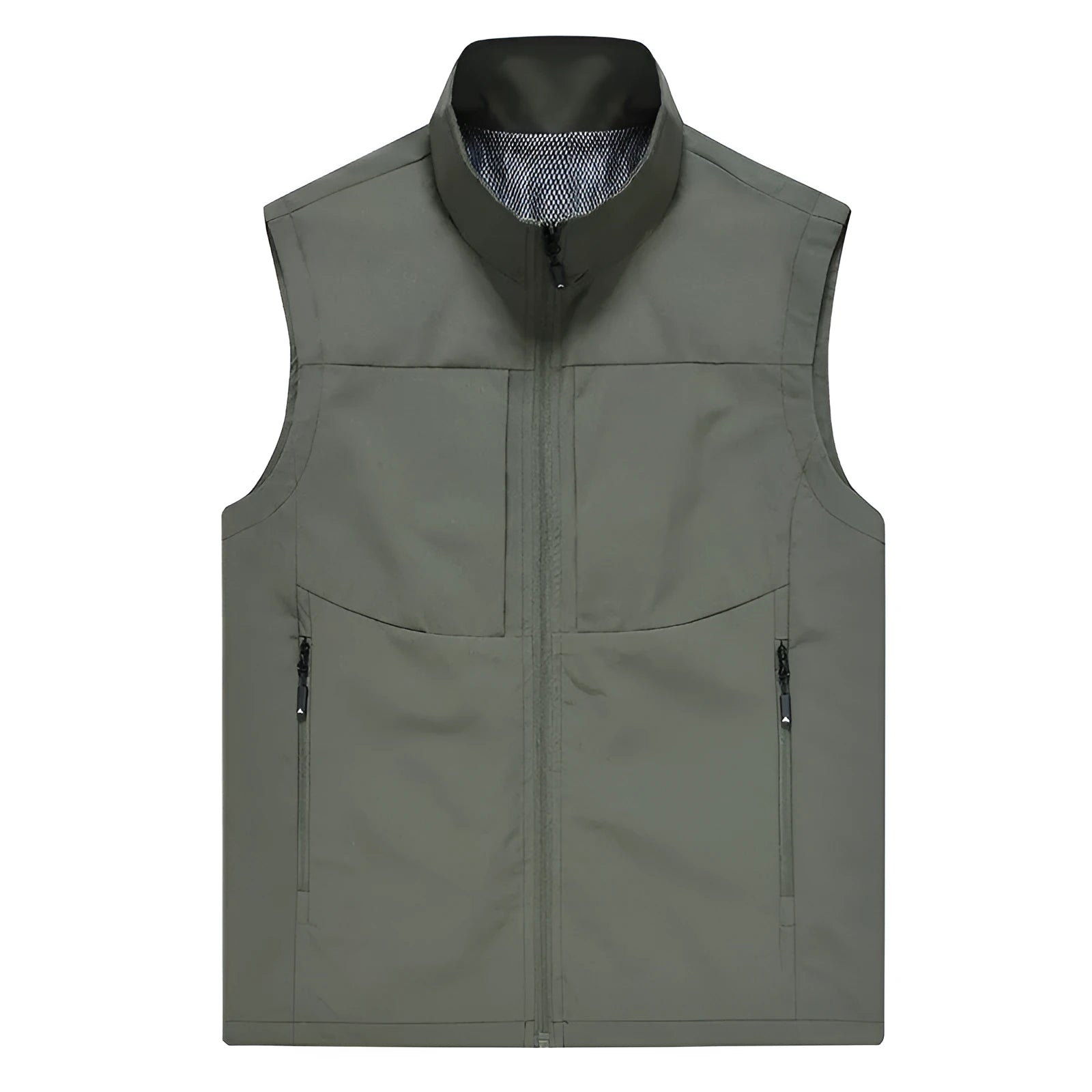 Man wearing a khaki stand collar cardigan vest with zipper pockets.