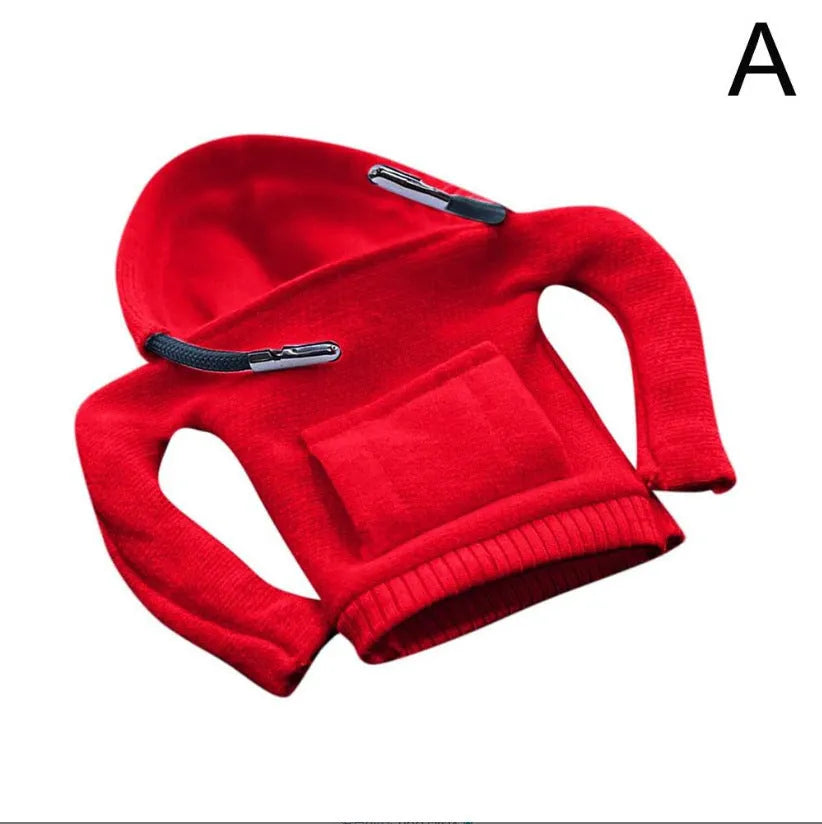 Cloth gear shift knob hoodie cover in assorted colours, shown next to a car gear stick.