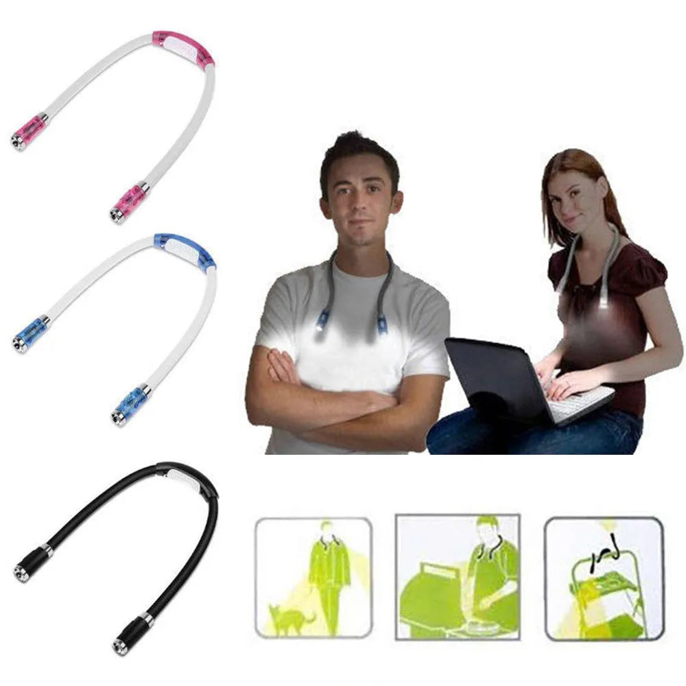Flexible neck hug book light with LED reading lamp in three colour options: black, blue, green, and red on a table