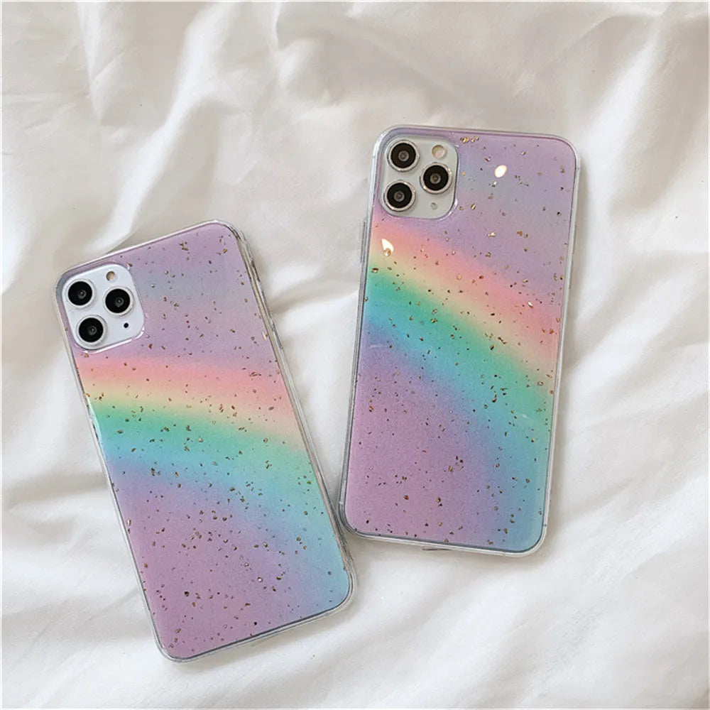 Rainbow gradient iPhone case with striped design for various models.