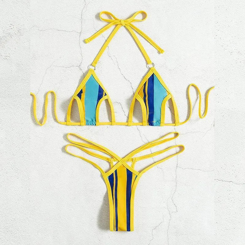 Yellow women's high-waist hollow-out backless swimsuit bikini set on a neutral background.