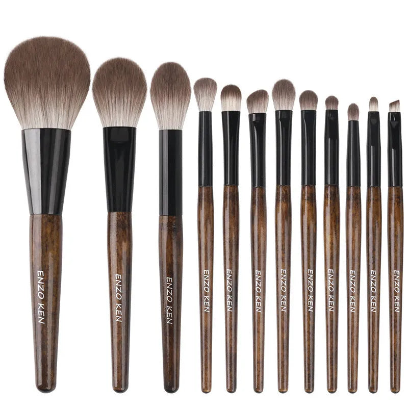 12-piece makeup brush set with wooden handles in portable PU carrying case