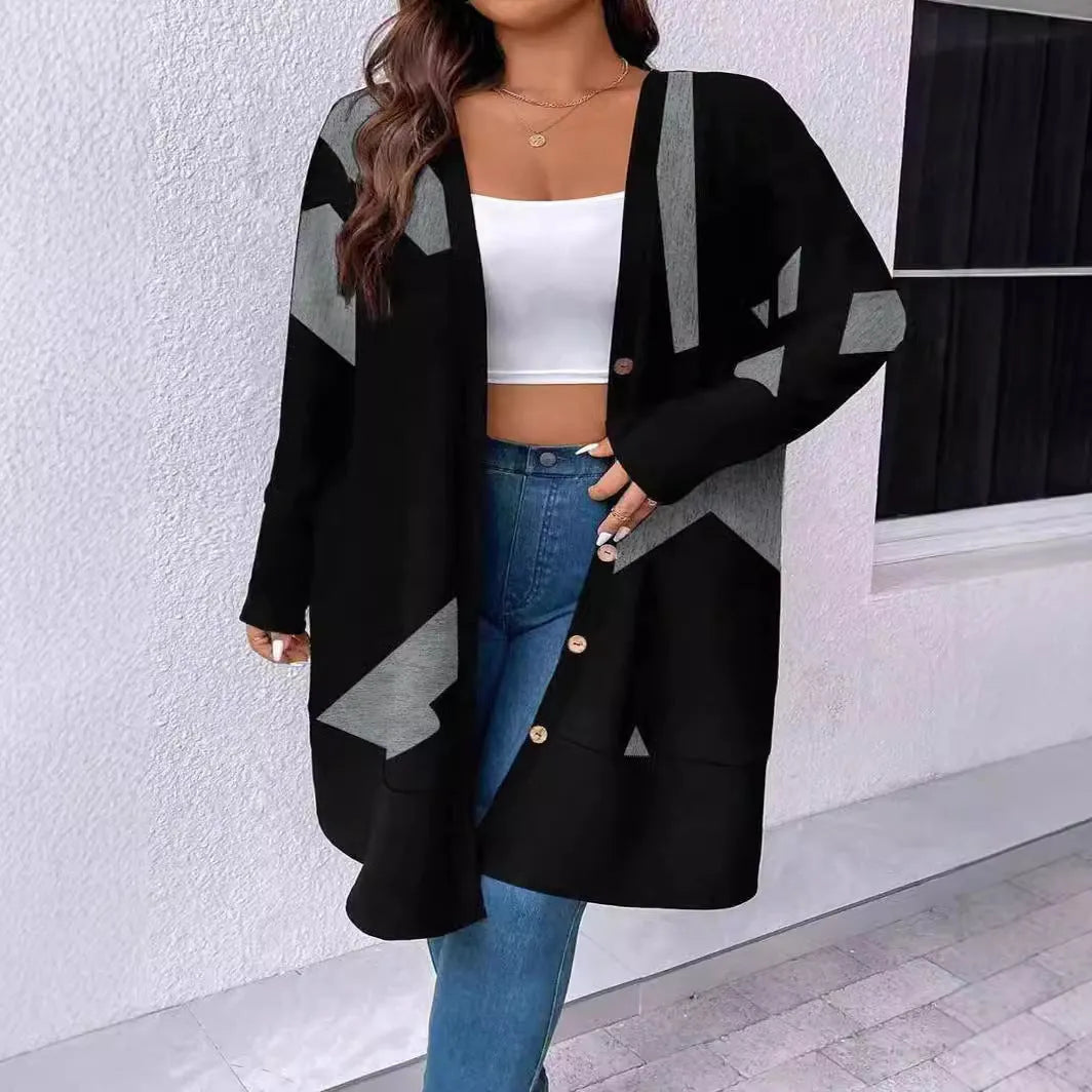 Black plus size cardigan coat with button fastening and printed detailing in Japanese Korean casual style