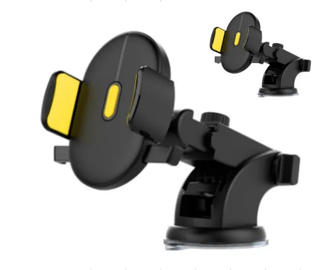 Yellow and black telescopic car phone holder with gel suction cup mounted on dashboard