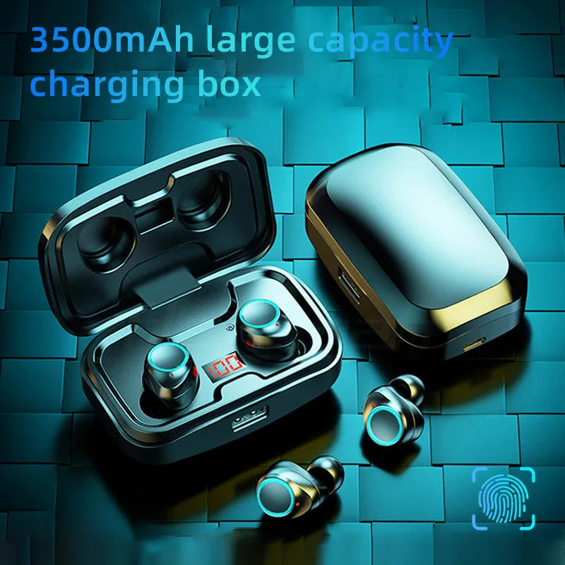 Black Bluetooth earplug-style headset placed inside its white plastic charging case.