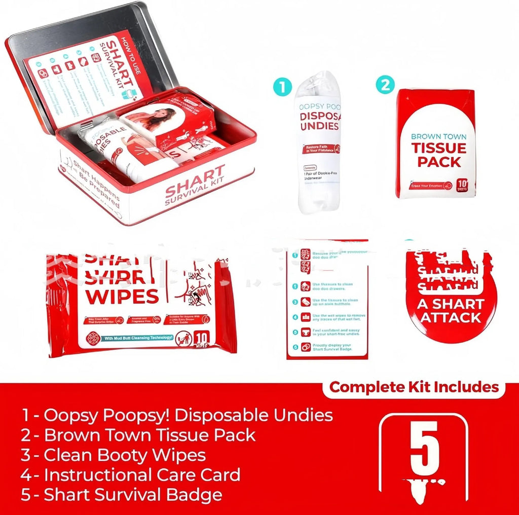 Poop Gift Set Survival Kit with wet wipes, dry wipes, disposable underwear, badge, and instruction card in an aircraft box.