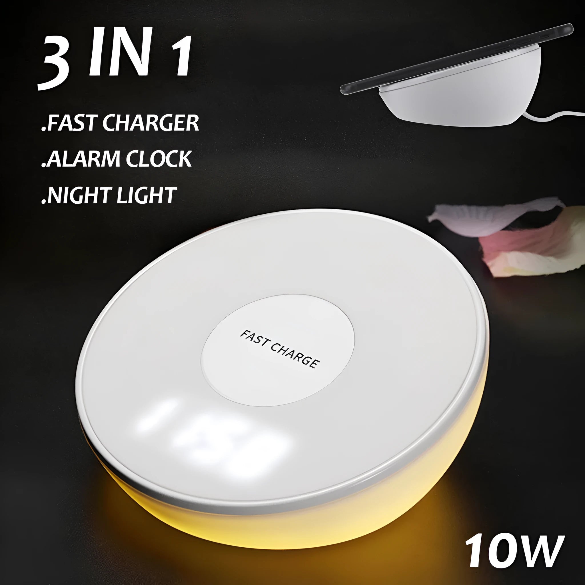 White 10W QI wireless charger with clock display and control buttons