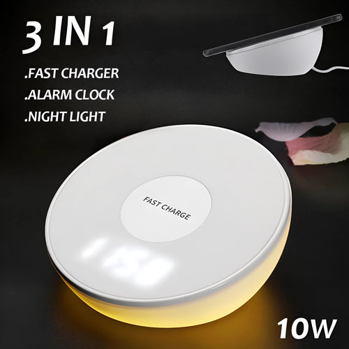 White 10W QI wireless charger with clock display and control buttons