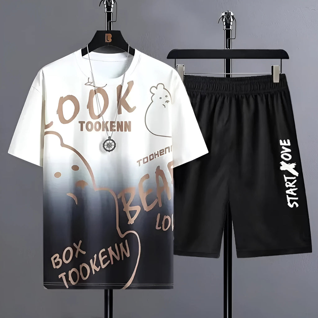 Men's light grey summer suit comprising a short sleeve t-shirt and matching shorts on a hanger