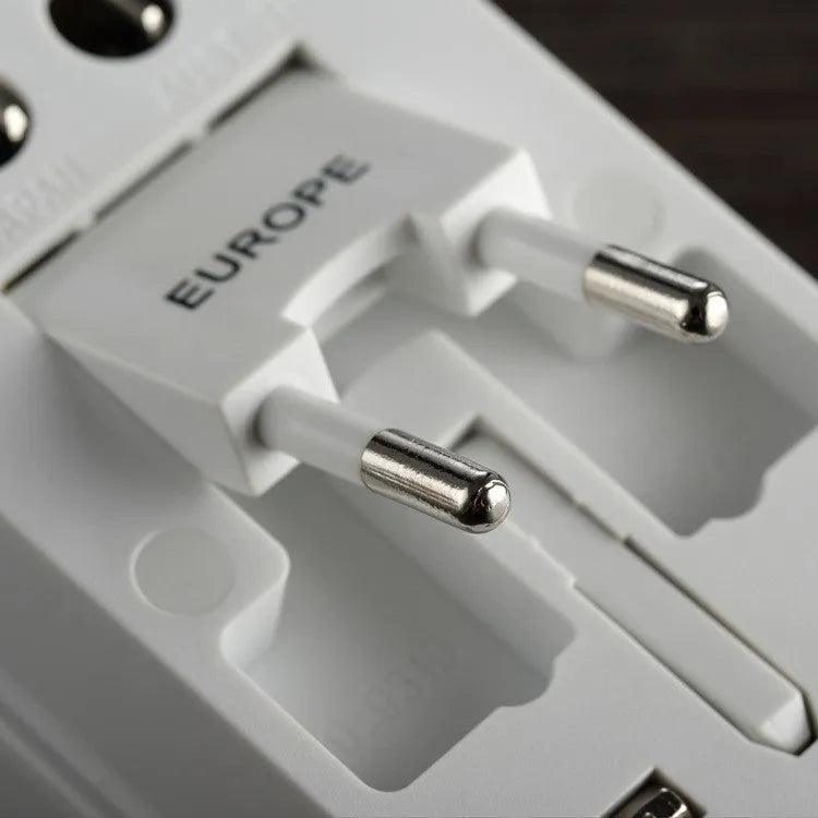 White universal travel plug adapter with two USB ports and flat-top socket showing AU, EU, US, UK plug compatibility