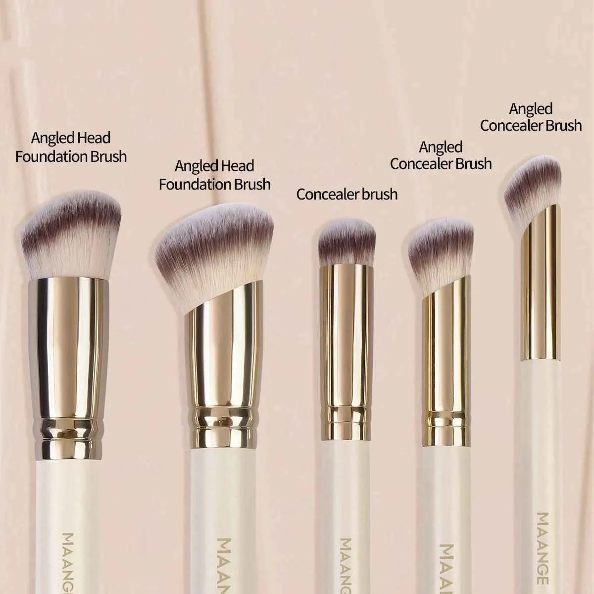 Five apricot-coloured angled blush makeup brushes for foundation and powder application