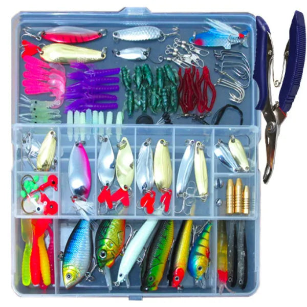 132-piece fishing lure set with soft baits and high carbon steel hooks in rose red colour