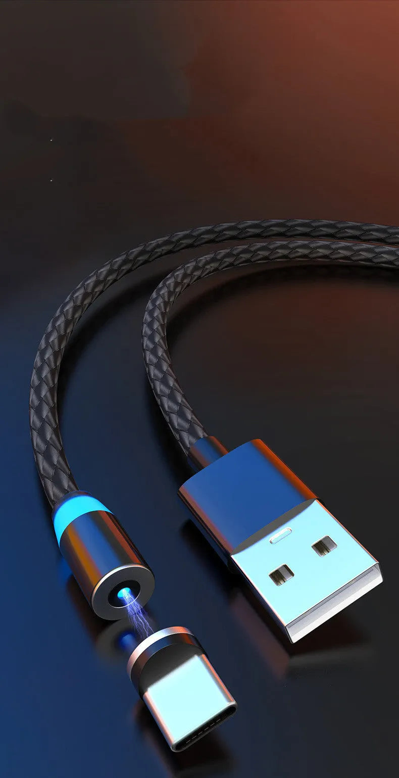 Magnetic smartphone charging cable with breathing light in multiple colour options showing Android and Apple connectors
