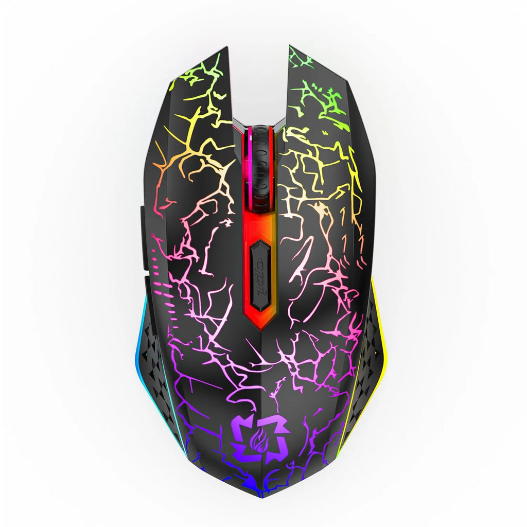 Black and white versions of wireless gaming mouse with RGB lighting on desk