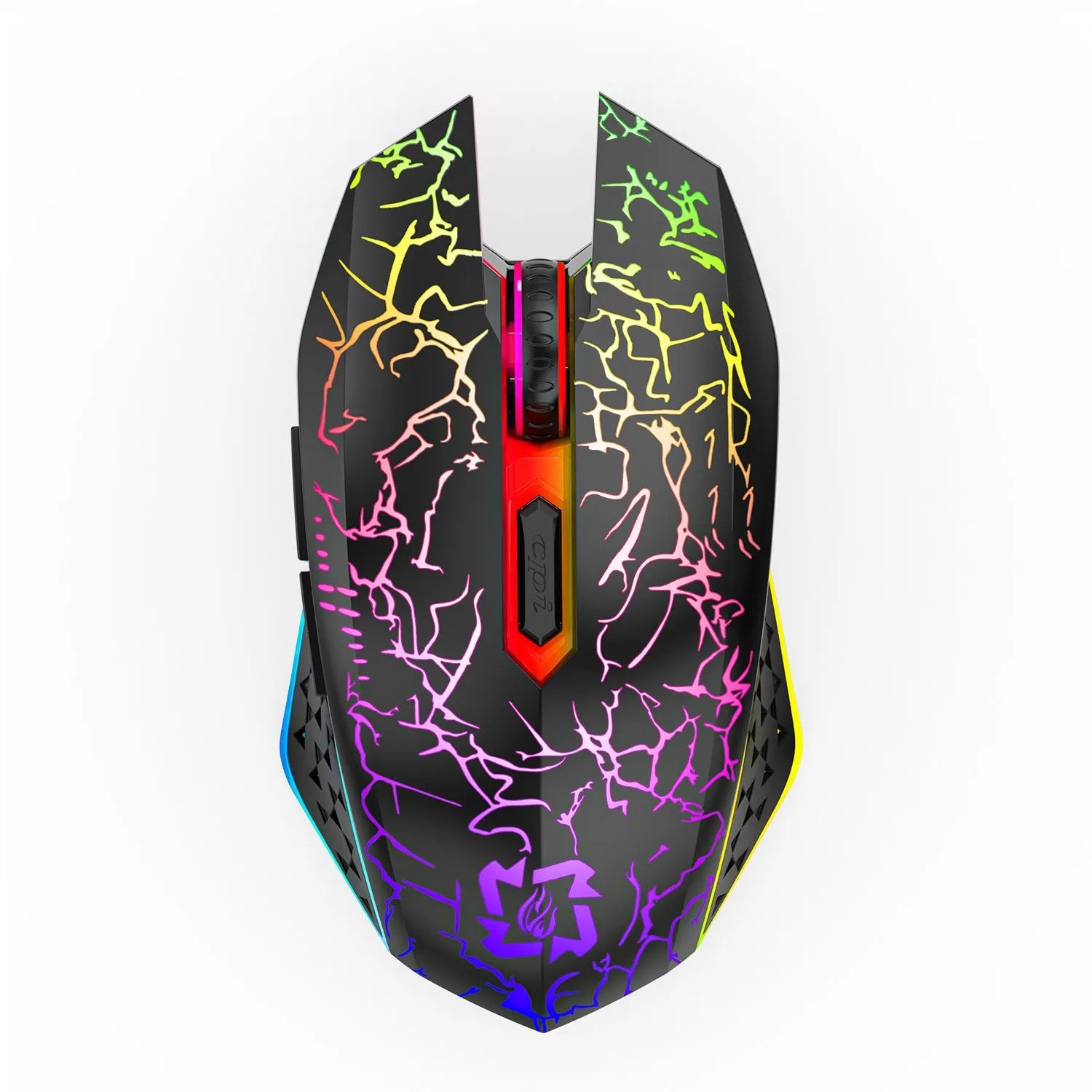 Black and white versions of wireless gaming mouse with RGB lighting on desk
