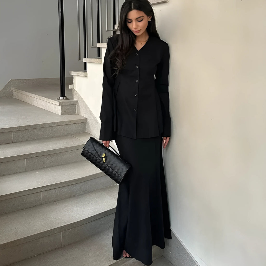 Women's fall suit V-neck slim fit waist long sleeve dress set in solid colour polyester, black