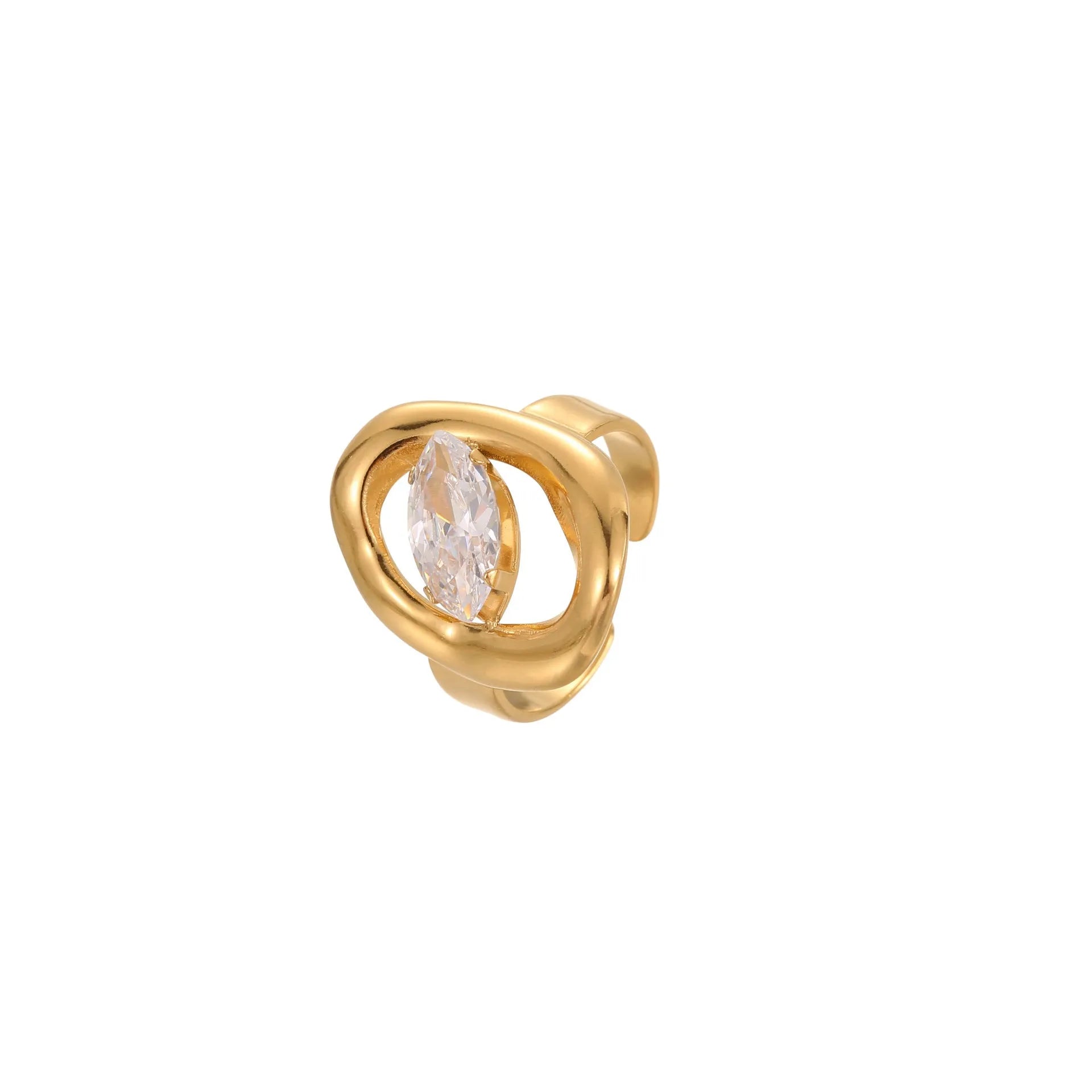 Adjustable geometric stainless steel ring with zircon stones in electroplated finish