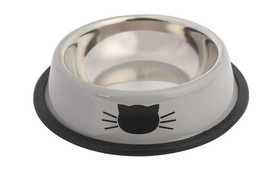 Stainless steel non-slip cat bowl set in purple orange green and black