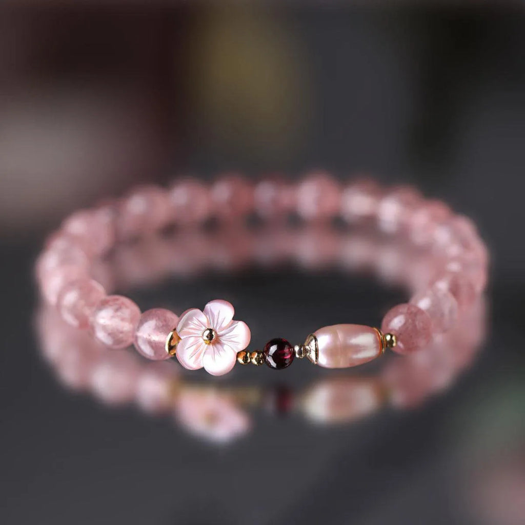 Strawberry quartz peach blossom crystal bracelet with adjustable length for women