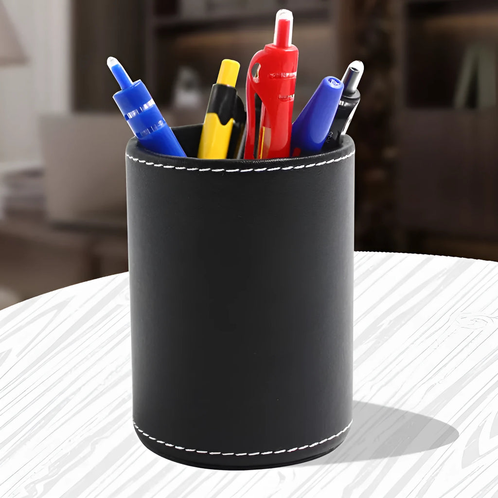 Round black leather pen holder showing 8cm diameter and 10.8cm height dimensions
