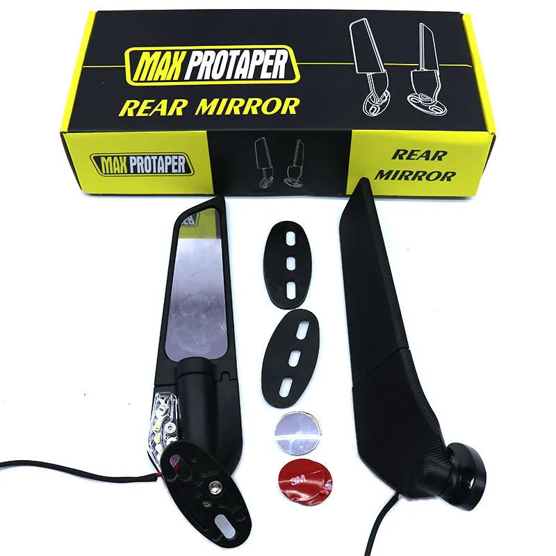 Pair of aluminium motorcycle spoiler rearview mirrors with convex glass lenses and integrated yellow running lights.