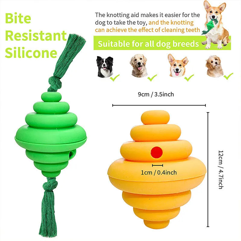 Green and yellow dog ball with rope toy showing split oval spiral design and integrated rope handle