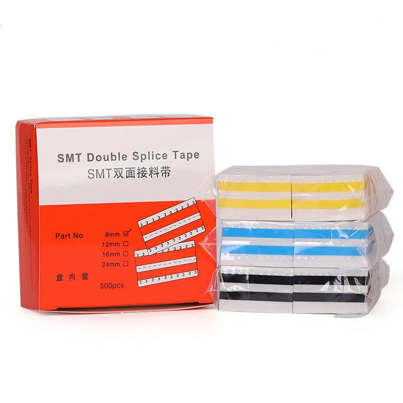 Rolls of yellow double-sided splicing tape for placement machines in various widths on a industrial background.