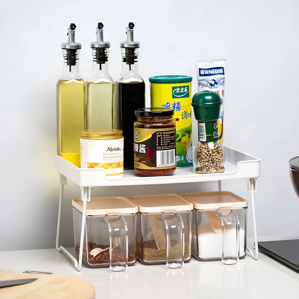 Transparent or white plastic kitchen supplies rack organiser for desktop or cupboard storage