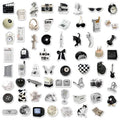 Pack of 61 black and white waterproof PVC stickers for laptops and drinkware.