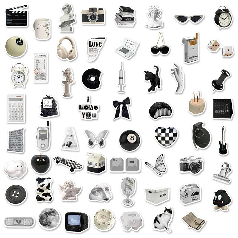 Pack of 61 black and white waterproof PVC stickers for laptops and drinkware.
