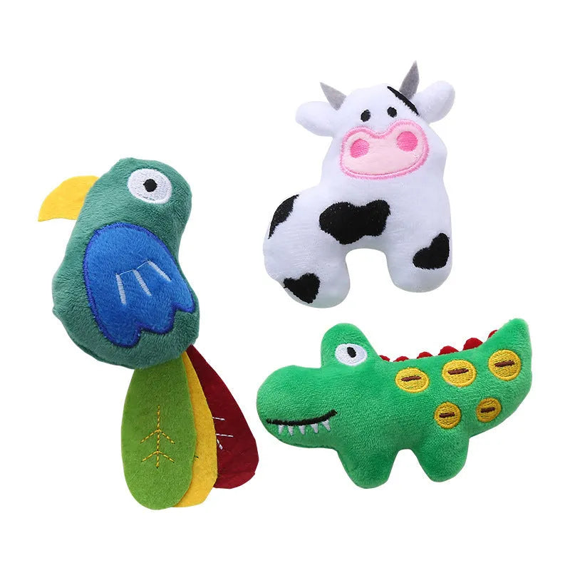 Plush cat toy in the shape of a cow and a parrot, designed for interactive play with catnip.